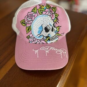 Ed Hardy Pink Cap with Skull and Floral Design